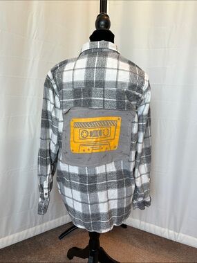 Upcycled Gray & White Plaid Flannel Shirt with Yellow Cassette Patch